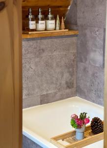 a bathroom with a bath tub with a plant on a shelf at Kleines Chalet im Erzgebirge mit Sauna und Kamin in Rechenberg-Bienenmühle