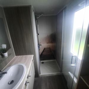 een badkamer met een douche, een wastafel en een douche bij Seacottage Blankenberge - Wenduine in De Haan