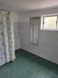 Habitación con cortina de ducha y ventana. en ALOJAMIENTO LAS LILAS, en Cartagena