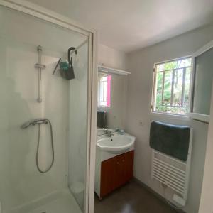 een badkamer met een douche en een wastafel bij Villa Soustons Plage / Résidence les villas du lac avec piscine in Soustons