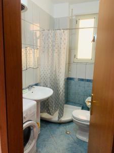 a bathroom with a sink and a toilet and a shower at Melody Apartament 1 in Golem