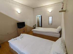 a room with two beds and a television in it at Хотел Приятели in Vratsa