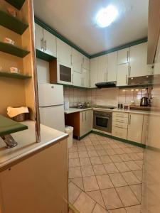 uma cozinha com electrodomésticos brancos e piso em azulejo em Apartman Azra em Usje
