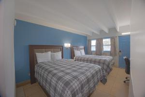 two beds in a room with blue walls at Aladdin Motel By OYO Merritt Island in Merritt Island