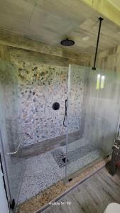 eine Dusche mit Glastür im Bad in der Unterkunft Nonsuch Falls - Journey to Paradise - Modern Waterfall Escape in Breastworks