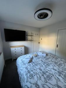een slaapkamer met een bed en een flatscreen-tv bij The Mail Barn Studio in Lamlash