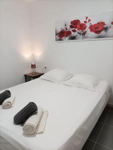 a white bed with two remote controls on it at Les Git'Anes de Pontevès in Pontevès