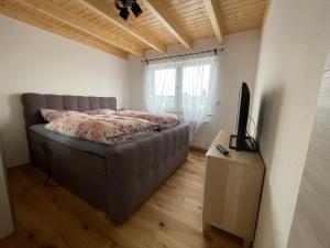 um quarto com uma cama e uma televisão em Helles ruhiges Appartement im Grünen em Dortmund