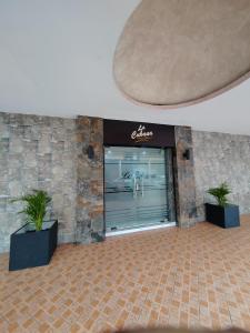La Cubana Hotel & Suites في كولون: واجهة متجر مع نافذة ونباتان خزاف