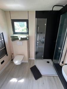 a bathroom with a toilet and a shower and a sink at Domček po Vežami s vírivkou in Liptovský Ján