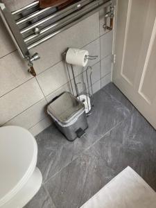 een badkamer met een toilet en een rol toiletpapier bij Cosy Modern Family Home Free Parking Garden in Londen