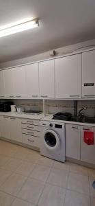 eine Küche mit weißen Schränken und einer Waschmaschine in der Unterkunft Casa Eguino Pet-Friendly in San Sebastián
