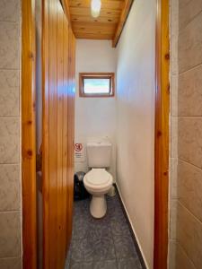 a small bathroom with a toilet and a window at Hostal del río in El Bolsón