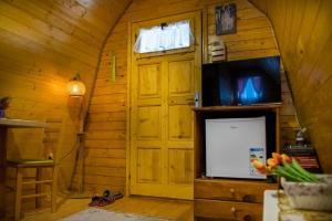 a room with a door and a tv in a cabin at STD SRCE KAMENE GORE in Kamena Gora