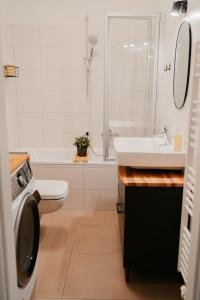 a bathroom with a sink and a toilet and a shower at Ferienwohnung Elbzauber für 6 l Parkplatz l Balkon in Pirna