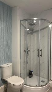 a bathroom with a glass shower with a toilet at Caistor Bed & Breakfast in Caistor