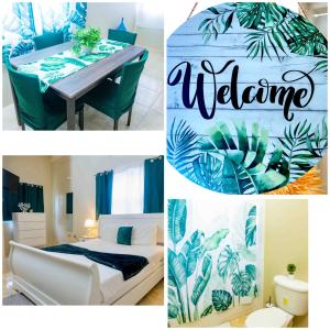un collage de fotos de un dormitorio y una cama en Emerald inn at runaway bay, en Runaway Bay