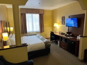 um quarto de hotel com uma cama, uma secretária e uma televisão em Quality Suites Midland North Loop 250 em Midland