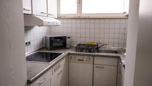 eine kleine Küche mit einer Spüle und einer Mikrowelle in der Unterkunft Exklusive Ferien-Appartements Di Marino in Schönwald
