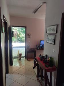 een kamer met een hond die naar buiten kijkt bij Quarto Felicidade Cabeçudas in Itajaí