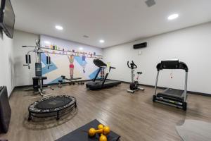 巴乌鲁ibis Styles Bauru的健身房设有有氧器材和壁画