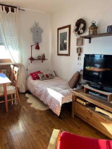 - un salon avec un lit et une télévision dans l'établissement Nel cuore dell’Oasi Zegna, à Bielmonte