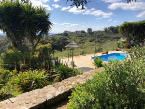 a swimming pool in a garden with a stone wall at Serra do Caldeirao Villa with Pool in Curvatos