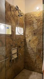a shower in a bathroom with a stone wall at REFUGIO LA CASONA in Cucaita