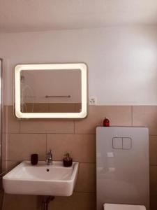 uma casa de banho com um lavatório, um espelho e um WC. em The Holiday Home Davos em Davos