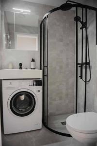 a bathroom with a washing machine and a toilet at JAUKI STUDIJA KRETINGOS CENTRE in Kretinga