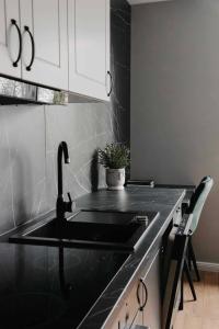 a kitchen with a black sink and white cabinets at JAUKI STUDIJA KRETINGOS CENTRE in Kretinga