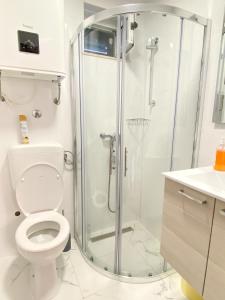 uma casa de banho com um chuveiro e um WC. em Apartmani Nede em Trogir