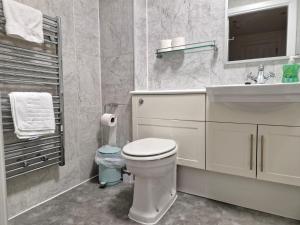 La salle de bains blanche est pourvue de toilettes et d'un lavabo. dans l'établissement Northern Quarter Flat, à Manchester