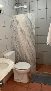 La salle de bains est pourvue de toilettes et d'un rideau de douche. dans l'établissement Pousada Economic Pitangui, à Pitangui