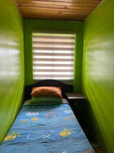 Habitación verde con cama y ventana en Hospedaje La Blanquita, en Santa Juana