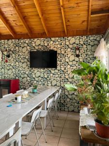 Habitación con pared de piedra, mesa y TV. en Hospedaje La Blanquita, en Santa Juana
