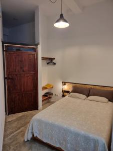 1 dormitorio con 1 cama y puerta de madera grande en Apartamento Pelayo, en Valencia