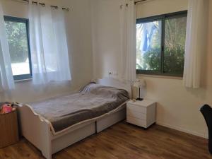 una camera bianca con un letto e due finestre di וילה בגלבוע a Kfar Yehezkel