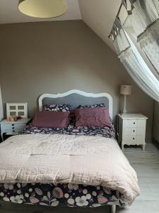 a bedroom with a large bed with pink pillows at Élégante maison circuit des 24h00 du mans in Le Mans