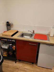 - une cuisine avec un évier et un comptoir dans l'établissement Petite maisonnette, à Pont-Sainte-Maxence