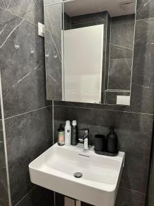 a bathroom with a white sink and a mirror at Apartment Rhea SelfCheckIn Garage Loggia New in Zagreb