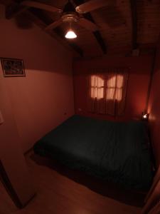 a bedroom with a green bed and a ceiling fan at Cabañas Don Carlos in El Hoyo