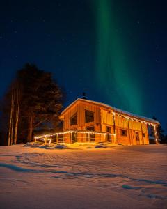 a cabin with the aurora in the sky at night at Blueberry Lodge 8 personnes in Mjölan