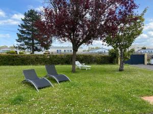 カブールにあるMaison de 2 chambres avec terrasse et wifi a Cabourgの木の横の芝生に座る椅子2脚