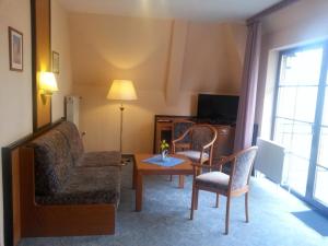 a living room with a couch and a table at Hotel und Restaurant Sackwitzer Mühle in Bad Schmiedeberg