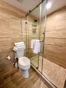 łazienka z toaletą i prysznicem w obiekcie Seven Mile View Condo 3A w mieście West Bay