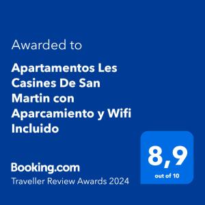 Apartamentos Les Casines De San Martin con Aparcamiento y Wifi Incluido tesisinde sergilenen bir sertifika, ödül, işaret veya başka bir belge