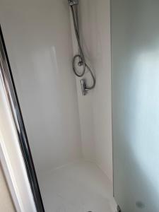 W łazience znajduje się prysznic ze szklanymi drzwiami. w obiekcie Cjs family caravans w mieście Ayr