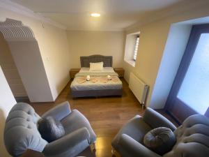YıldırımにあるEylül suit otelのベッドルーム1室(ベッド1台、ソファ2台付)