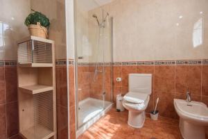 Un baño con inodoro, ducha y lavabo. en Ático con terraza en Agaete, en Agaete 45 fotos más